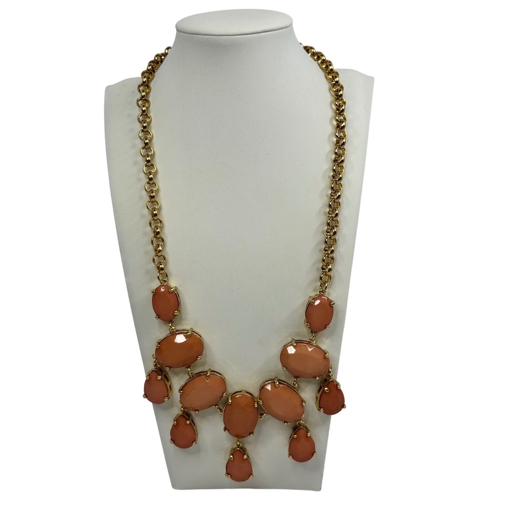 Vintage Peach Resin Oval Teardrop Gold Tone Bib Statement Necklace Y2K Chunky
